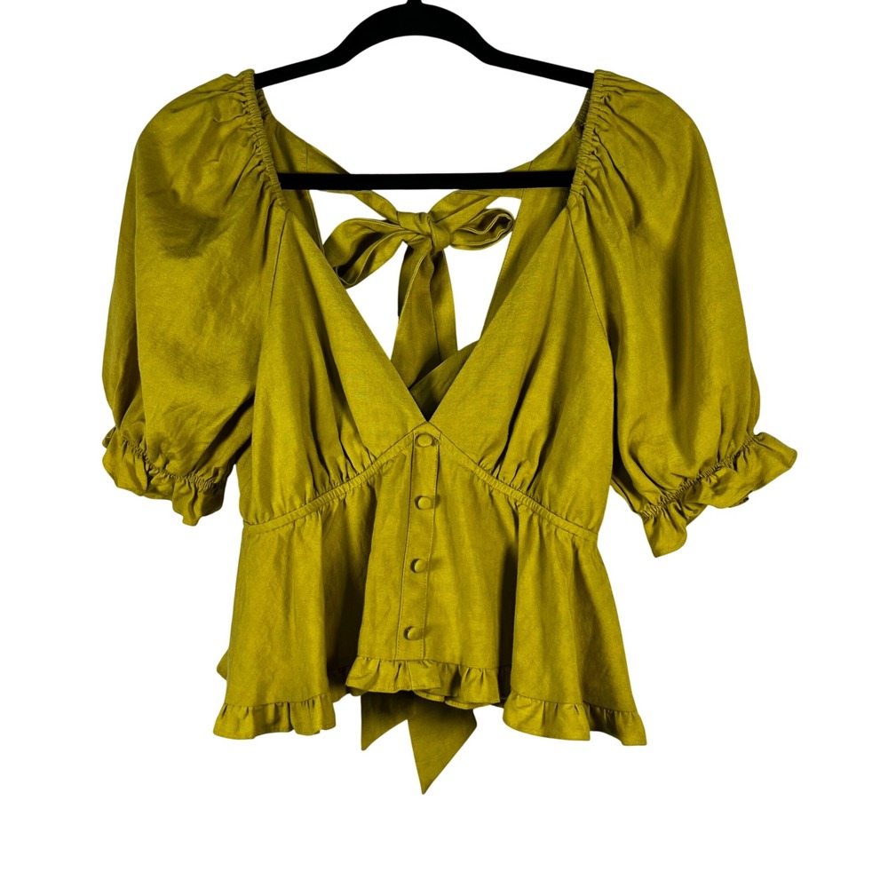 Mustard‎ Seed Peplum Top Womens Yellow Puff Sleeve Tie Back Size Small